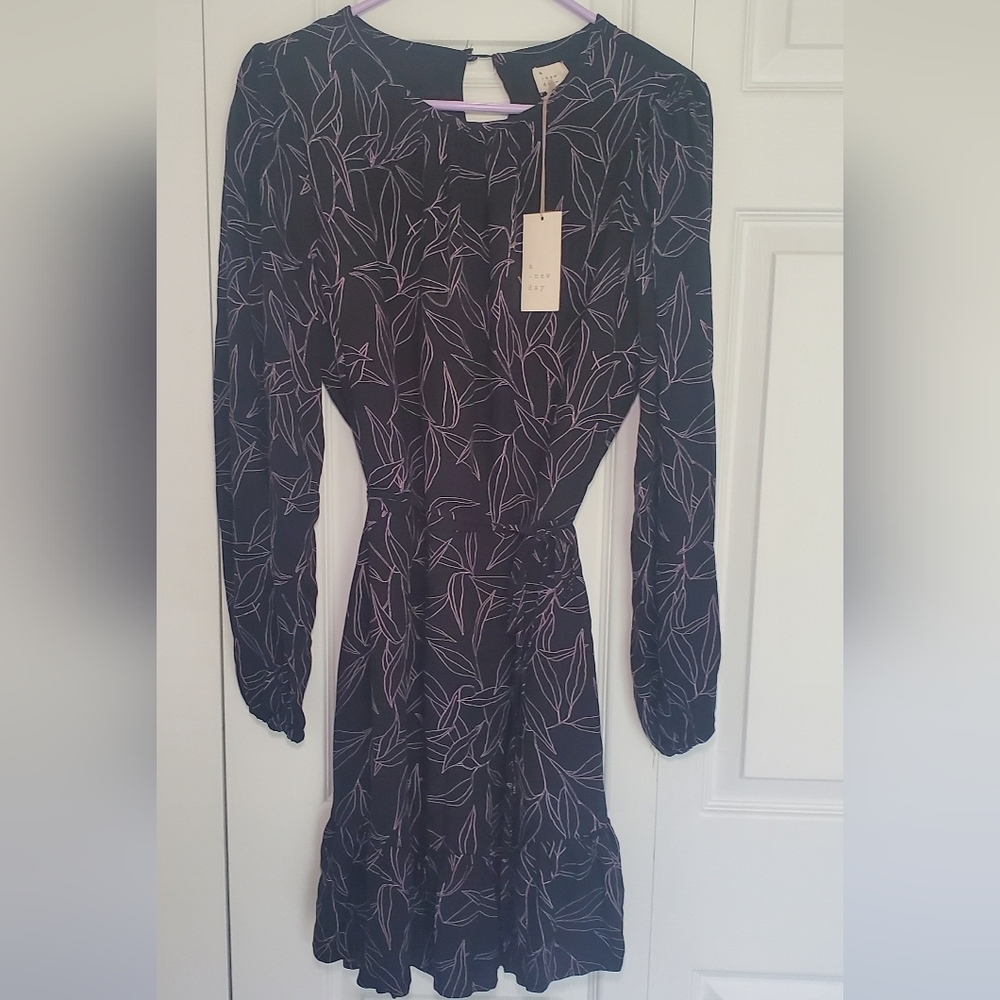 Cute Dress, Black With Light Purple Leaf Print, M